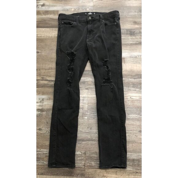 Hollister Mens 34X34 Black Skinny Fit Distressed Stretch Jeans